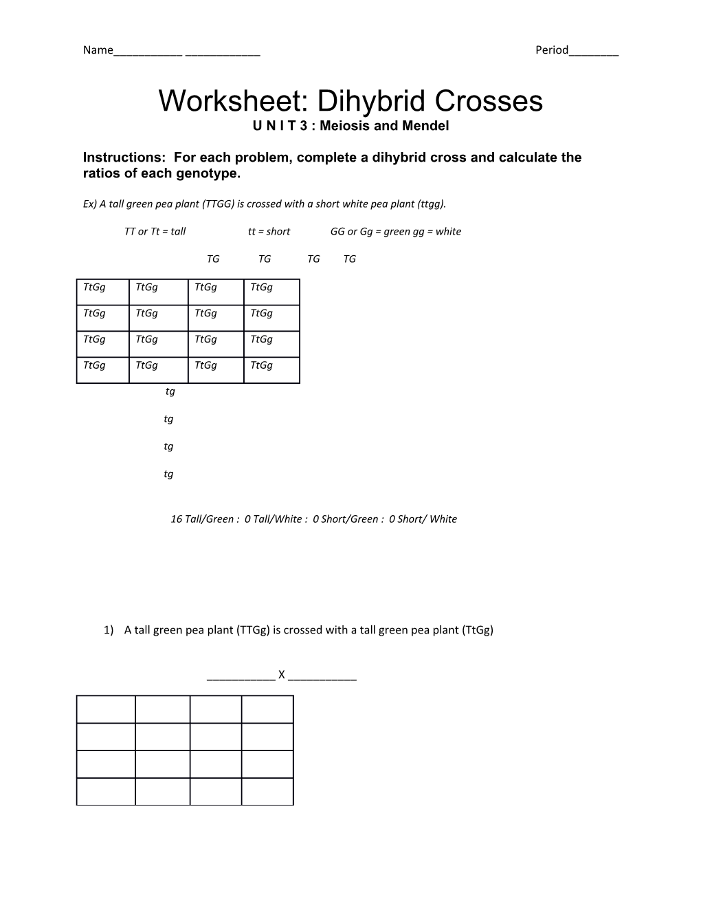 Worksheet: Dihybrid Crosses