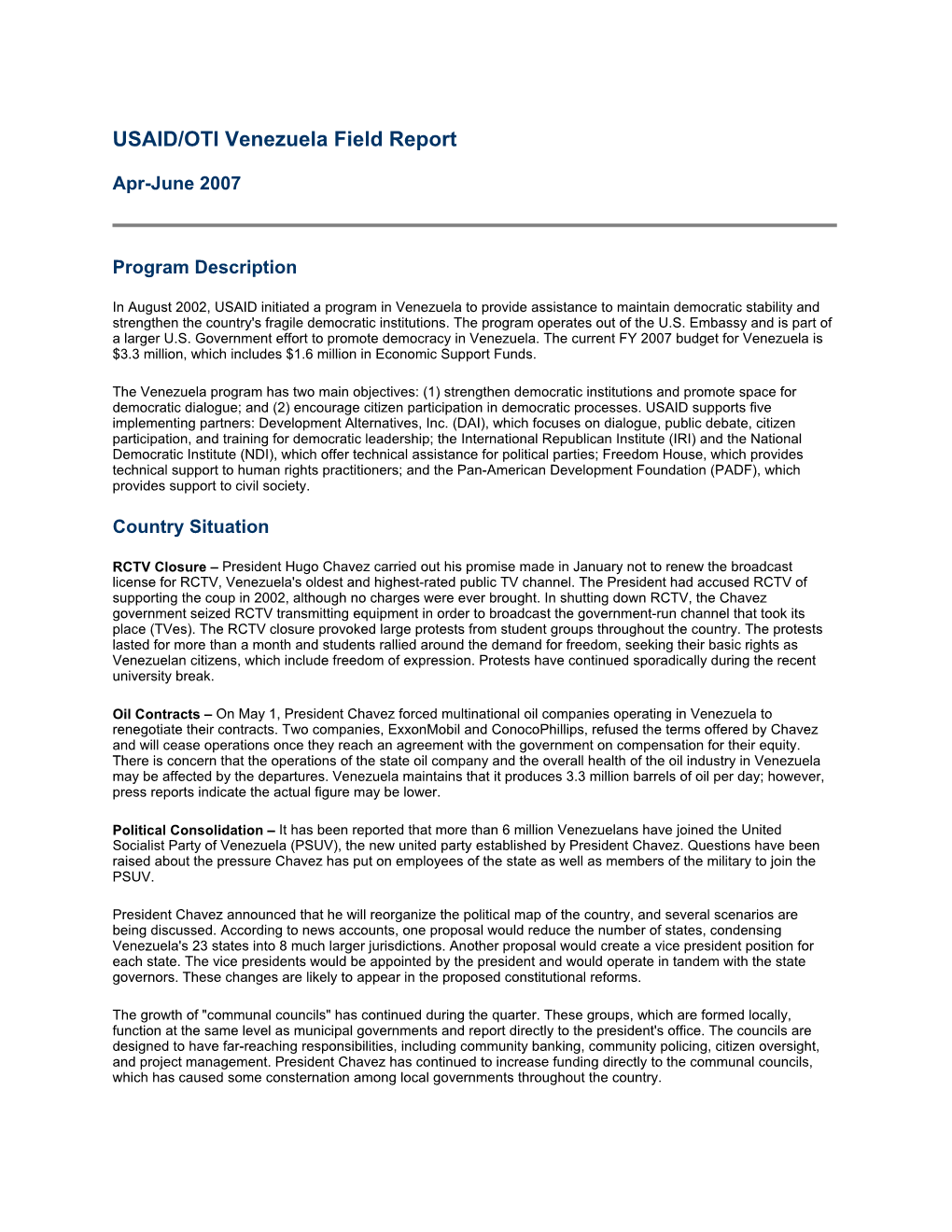 USAID/OTI Venezuela Field Report