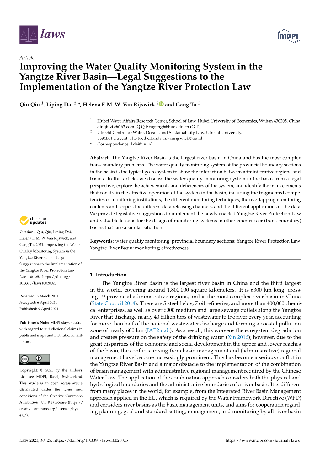 Improving the Water Quality Monitoring System in the Yangtze River Basin—Legal Suggestions to the Implementation of the Yangtze River Protection Law