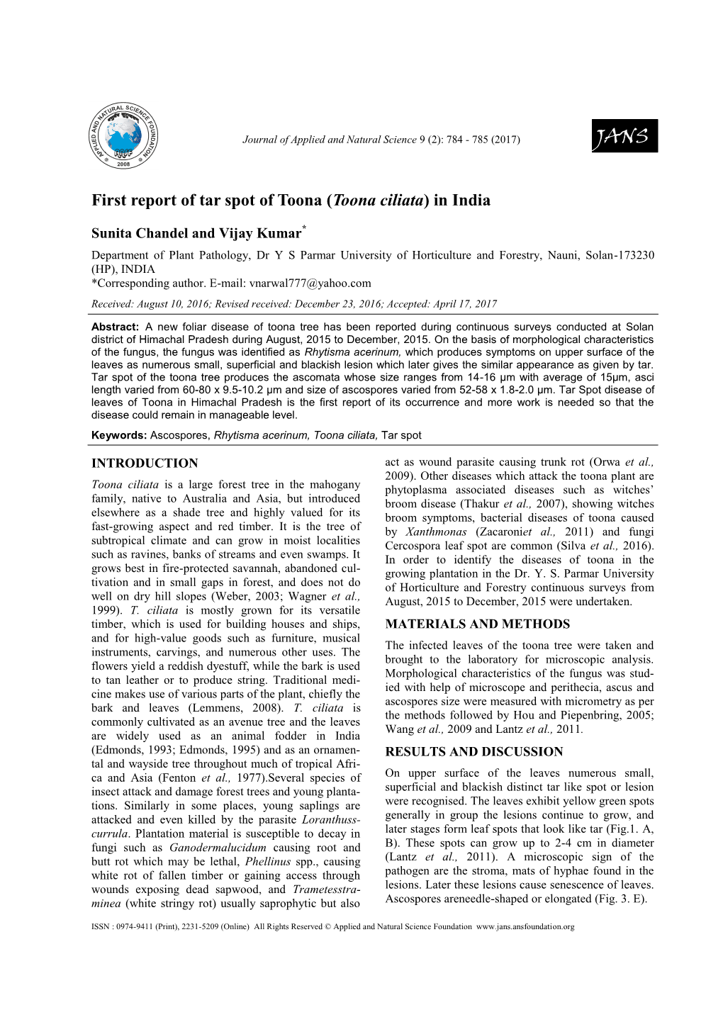 First Report of Tar Spot of Toona (Toona Ciliata) in India