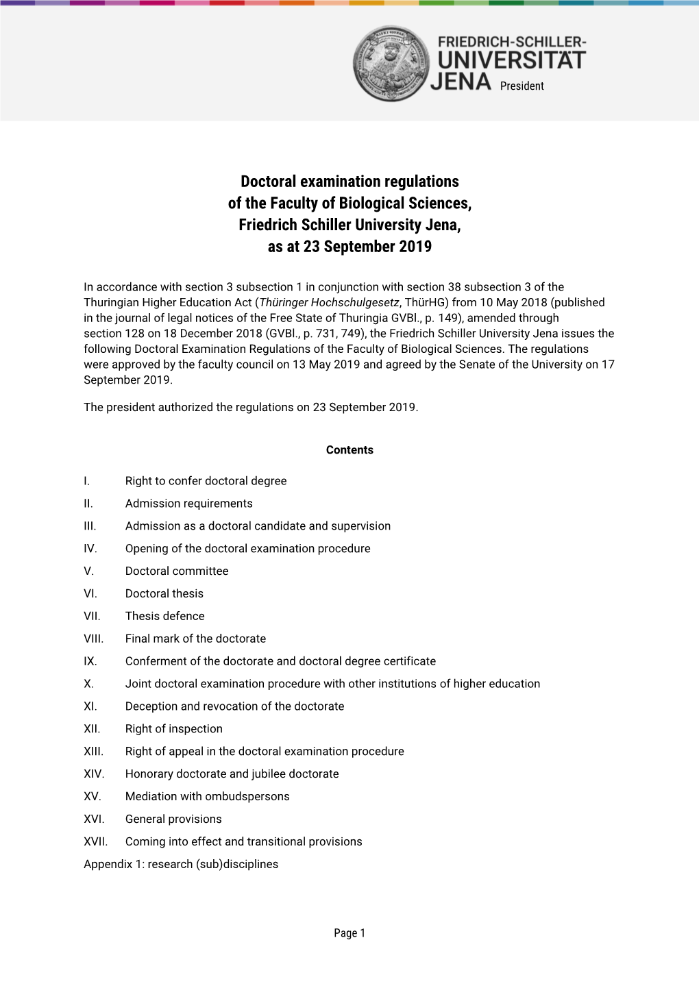 Doctoral Examination Regulations of the Faculty of Biological Sciences, Friedrich Schiller University Jena, As at 23 September 2019