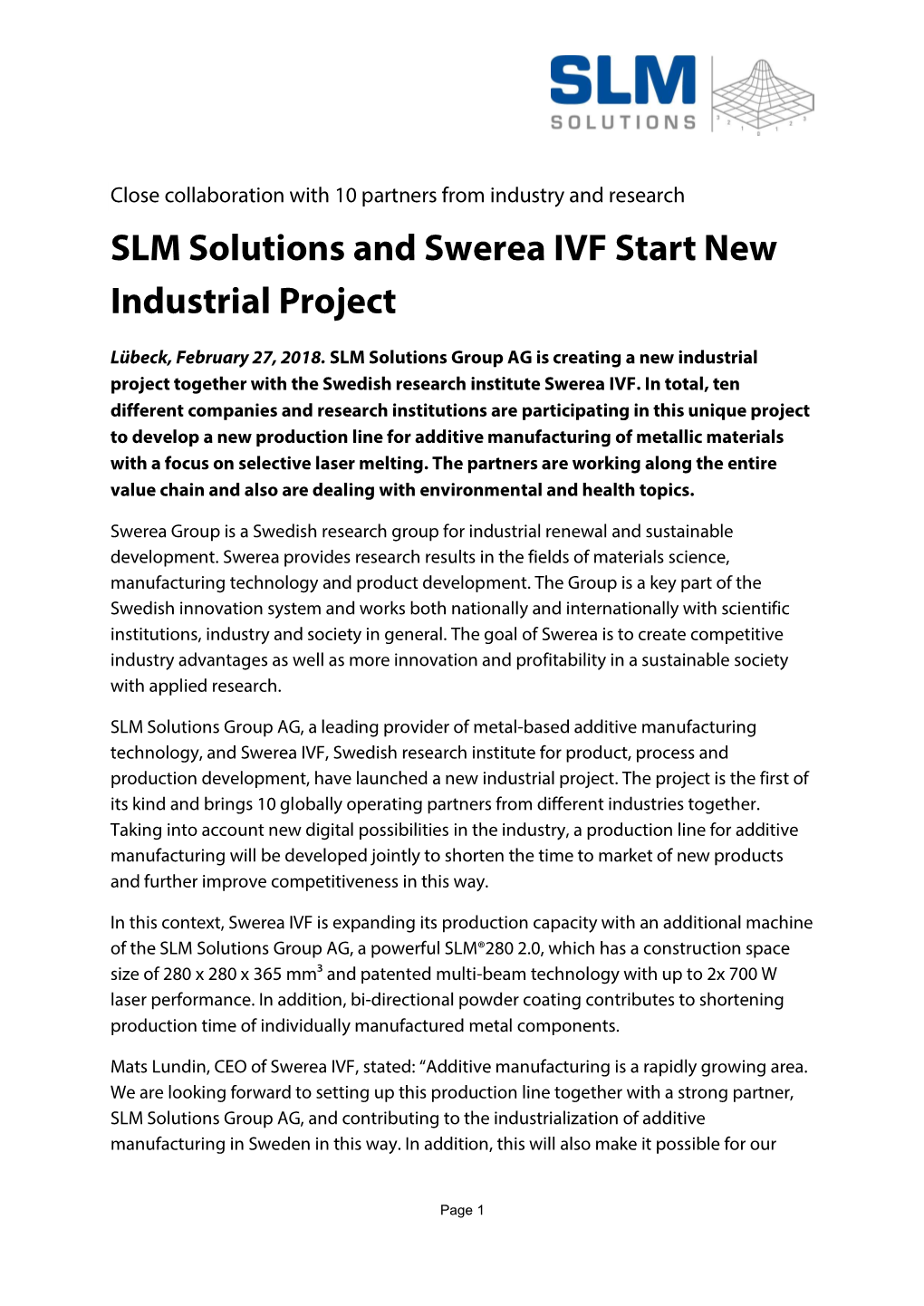 SLM Solutions and Swerea IVF Start New Industrial Project