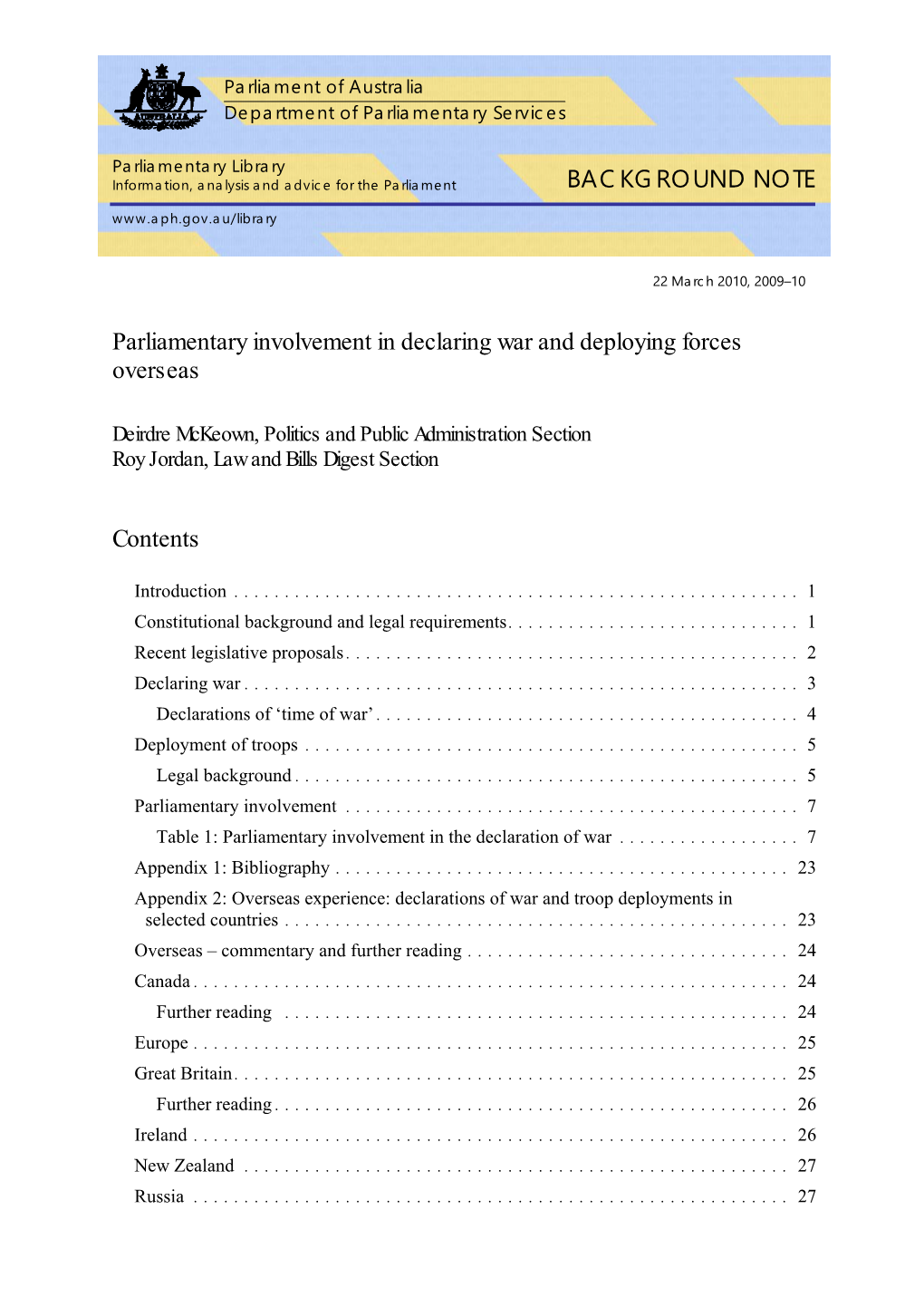 Parliamentary Involvement in Declaring War and Deploying Forces Overseas