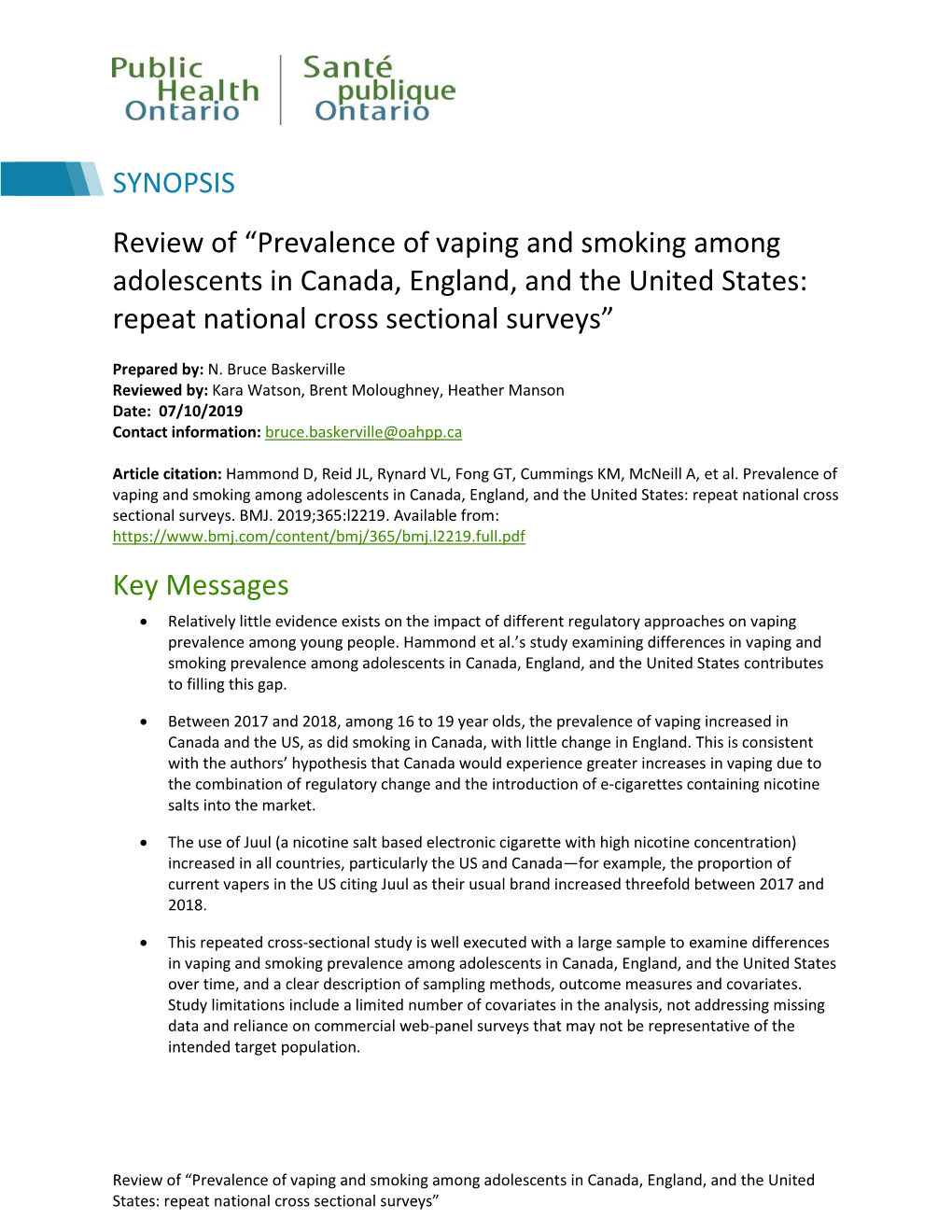 Prevalence of Vaping and Smoking Among Adolescents in Canada, England, and the United States: Repeat National Cross Sectional Surveys”