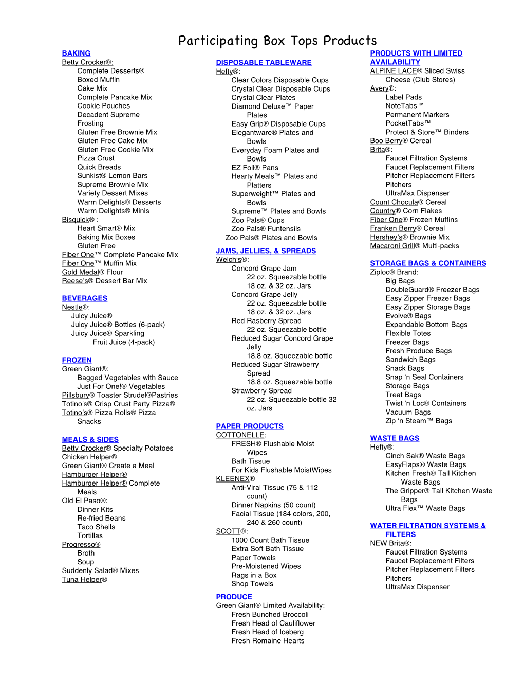 Participating Box Tops Products