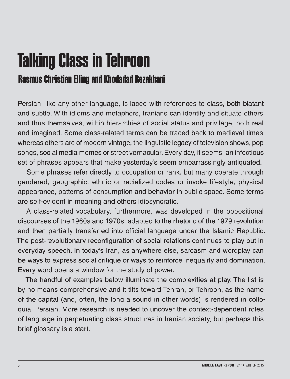 Talking Class in Tehroon Rasmus Christian Elling and Khodadad Rezakhani