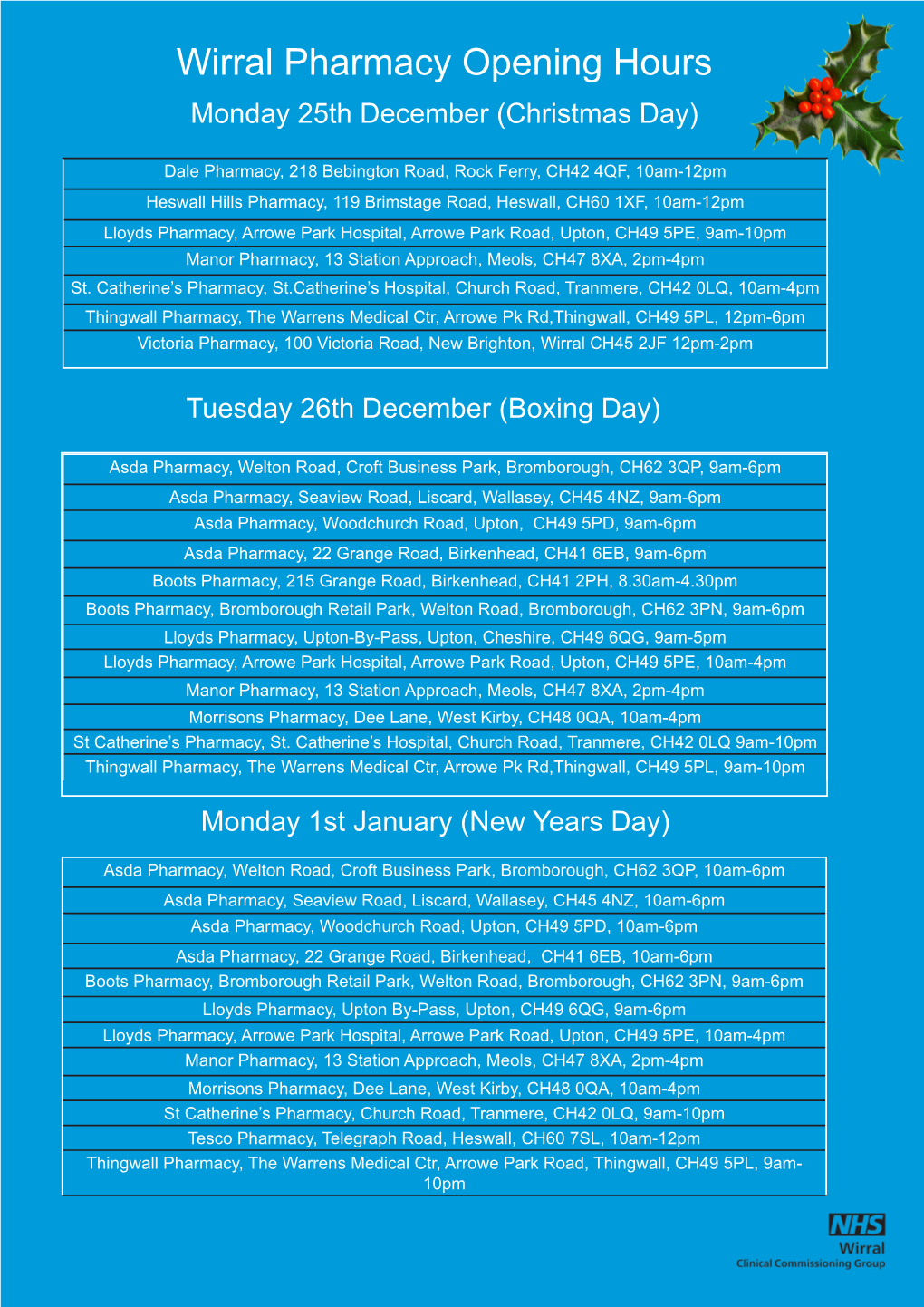 Wirral Pharmacy Opening Hours Monday 25Th December (Christmas Day)