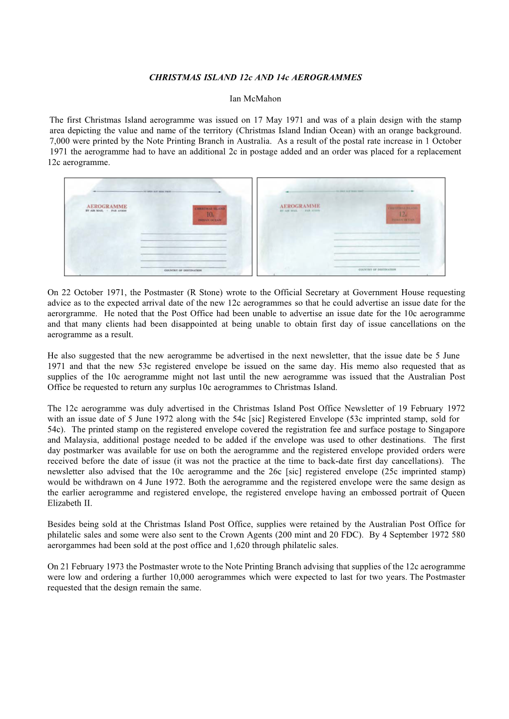 CHRISTMAS ISLAND 12C and 14C AEROGRAMMES