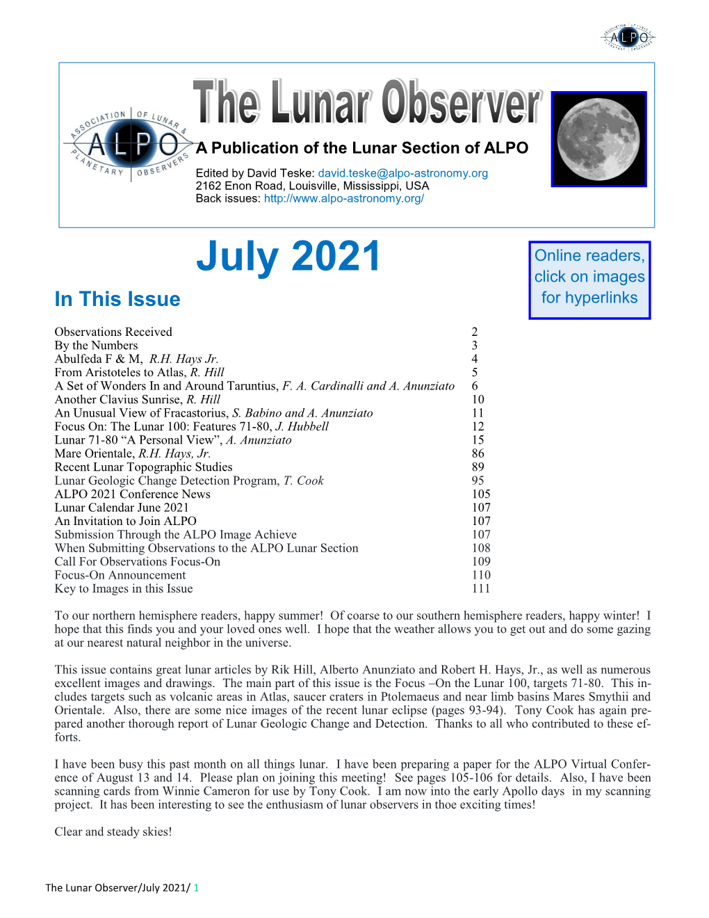 July 2021 the Lunar Observer by the Numbers