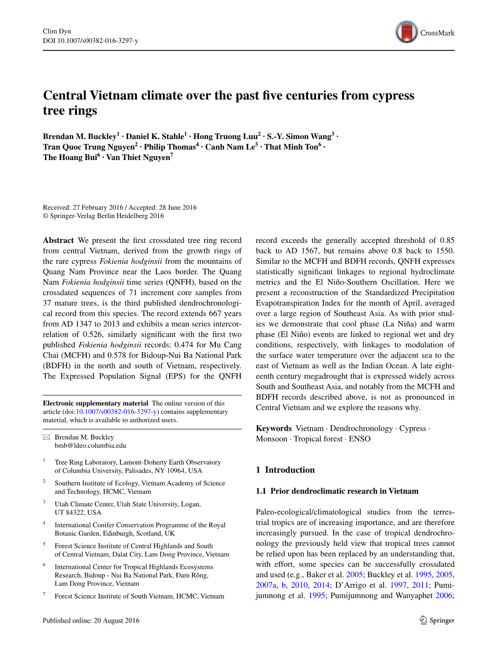 Central Vietnam Climate Over the Past Five Centuries from Cypress Tree Rings