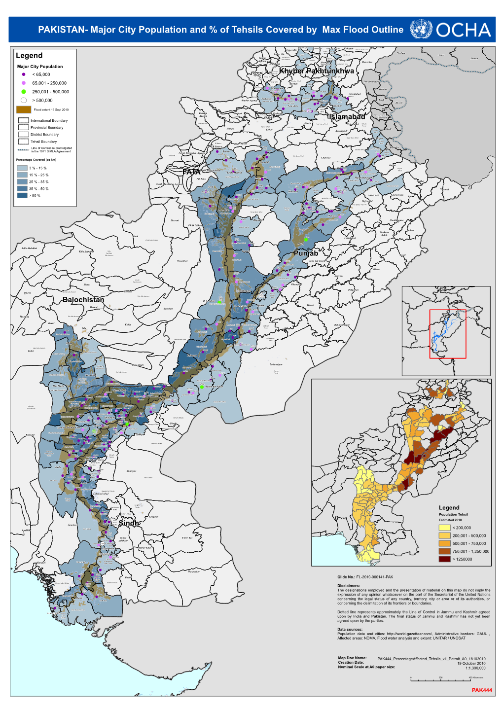 PAKISTAN- Major City Population and % of Tehsils Covered by Max Flood Outline Gilgit - Baltistan