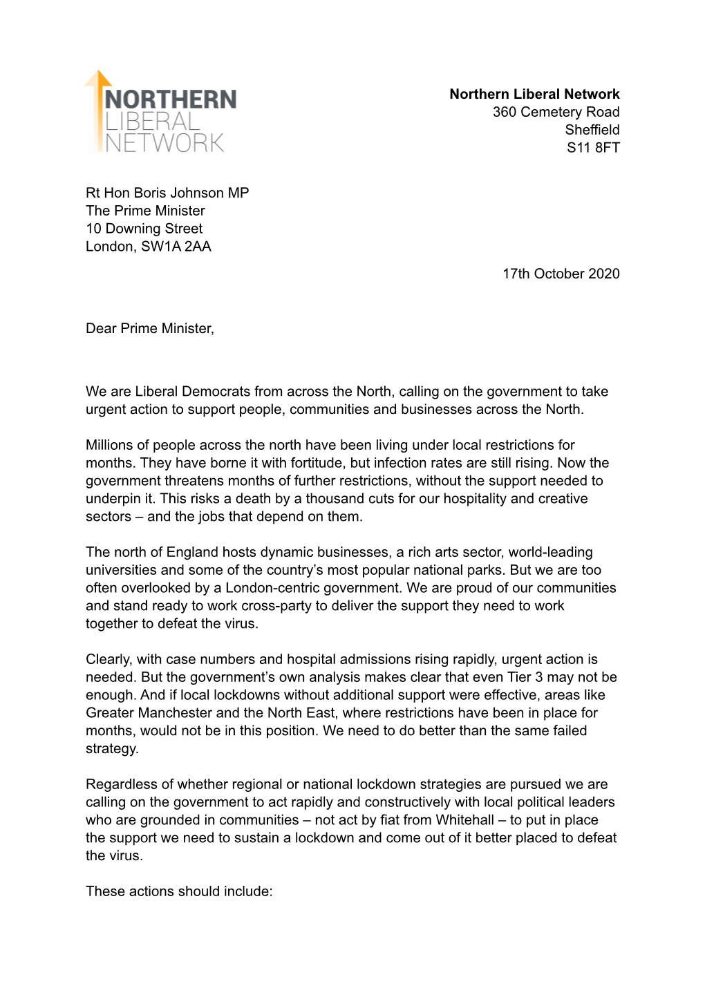 NLN Letter to PM 17.10.20
