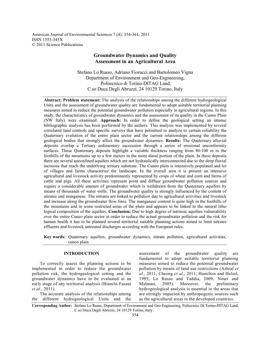 Groundwater Dynamics and Quality Assessment in an Agricultural Area