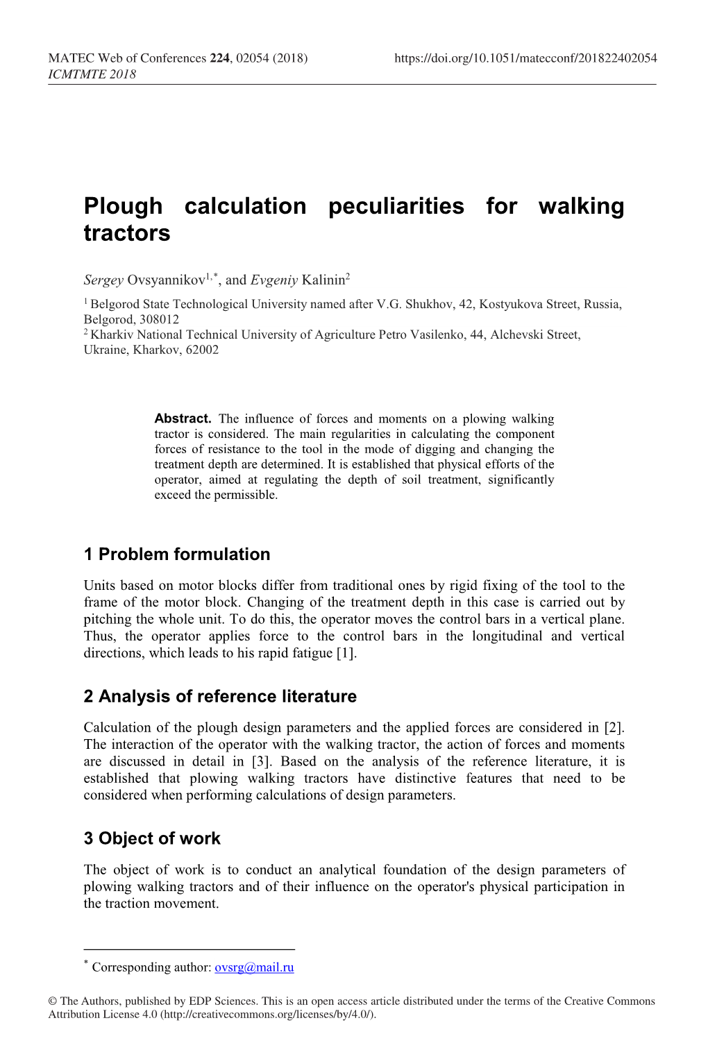 Plough Calculation Peculiarities for Walking Tractors