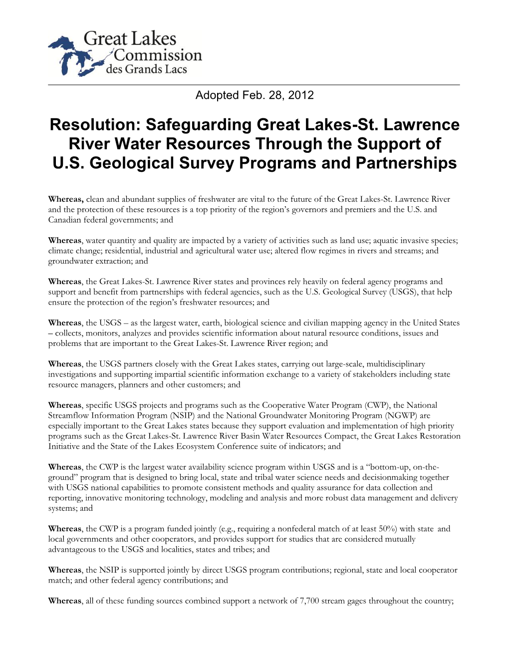 Safeguarding Great Lakes-St. Lawrence River Water Resources Through the Support of U.S
