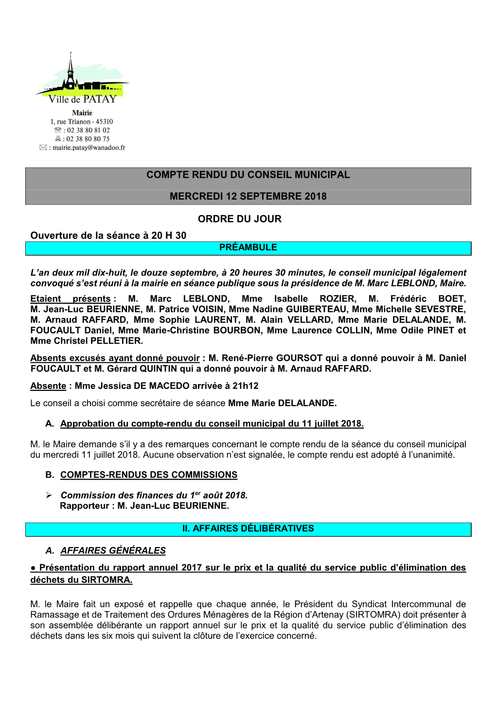 Compte Rendu Du Conseil Municipal Mercredi 12