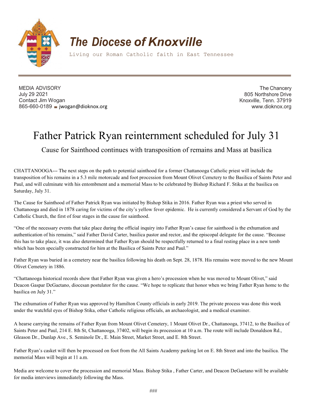 Father Patrick Ryan Reinternment Scheduled for July 31 Cause for Sainthood Continues with Transposition of Remains and Mass at Basilica