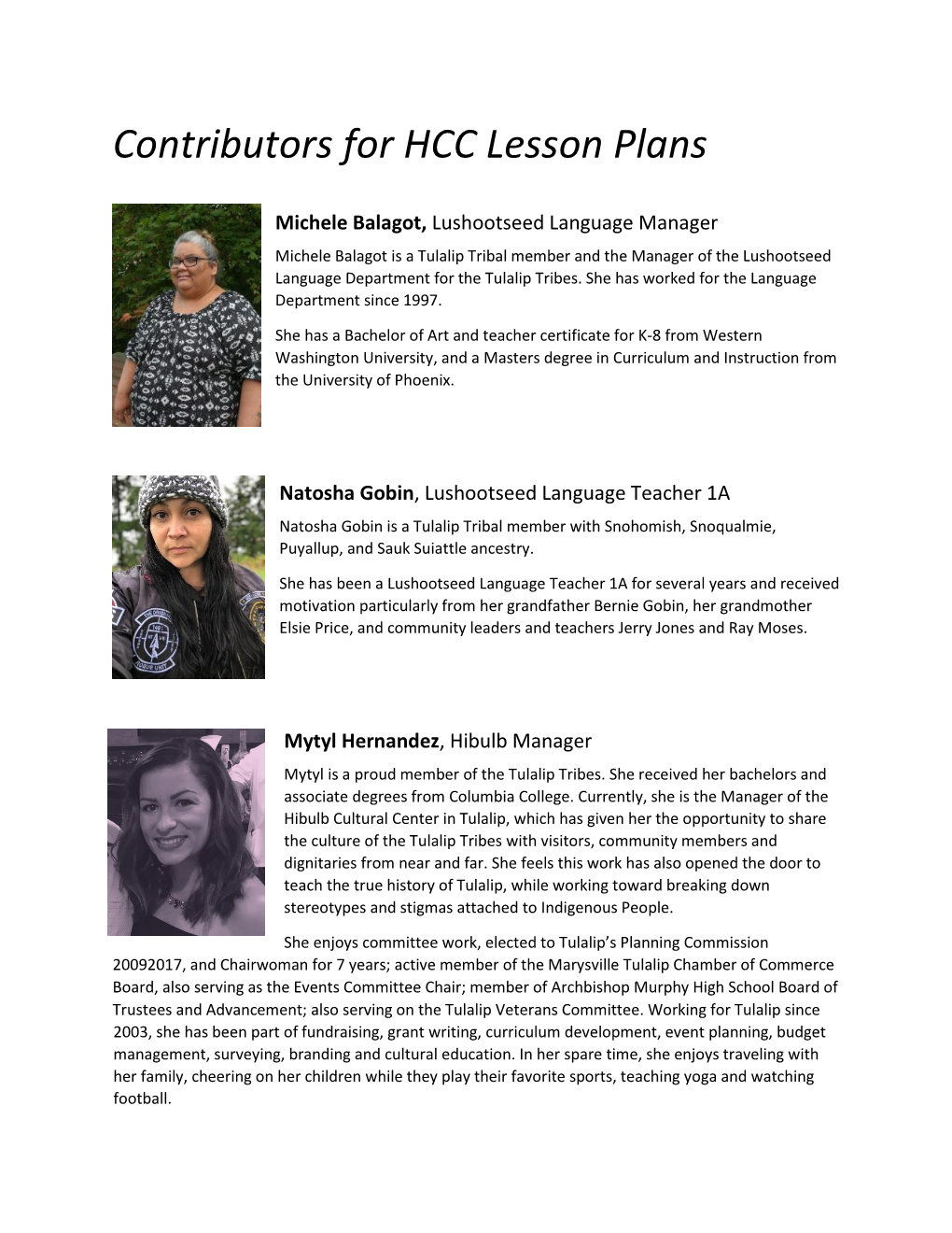 Contributors for HCC Lesson Plans