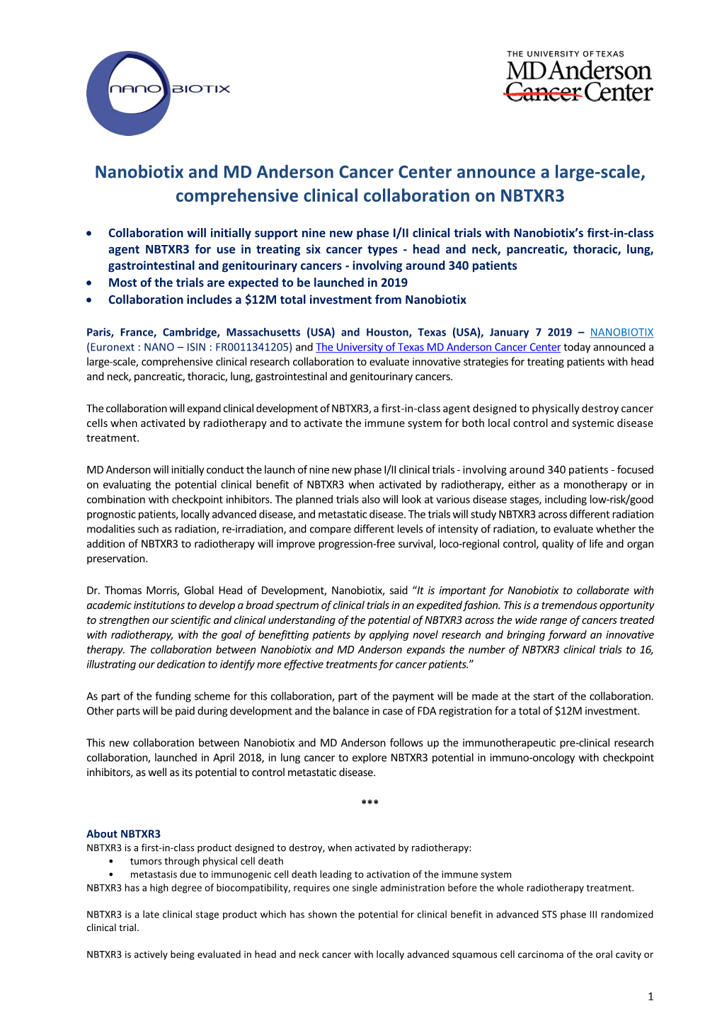 Nanobiotix and MD Anderson Cancer Center Announce a Large-Scale, Comprehensive Clinical Collaboration on NBTXR3
