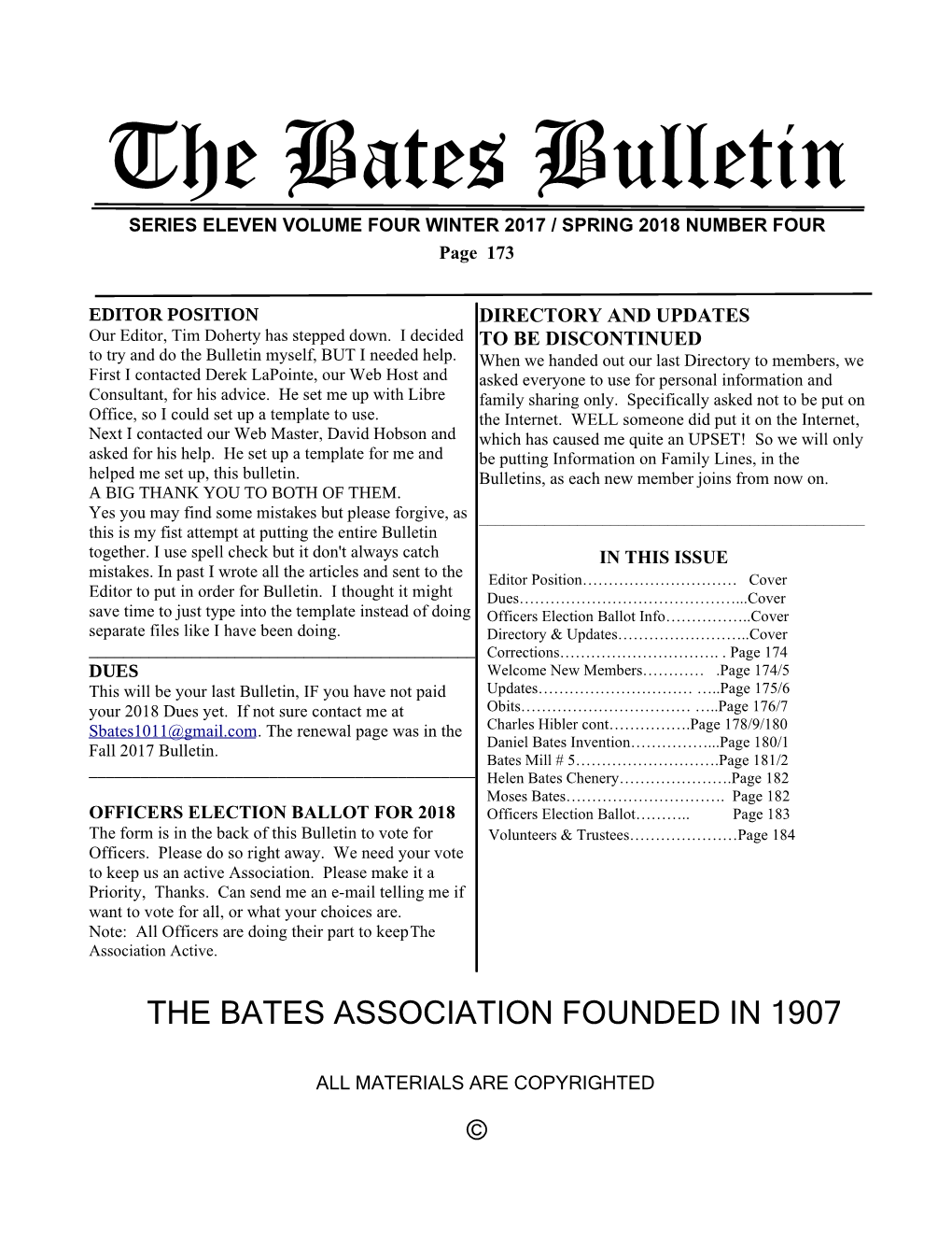 The Bates Bulletin SERIES ELEVEN VOLUME FOUR WINTER 2017 / SPRING 2018 NUMBER FOUR Page 173
