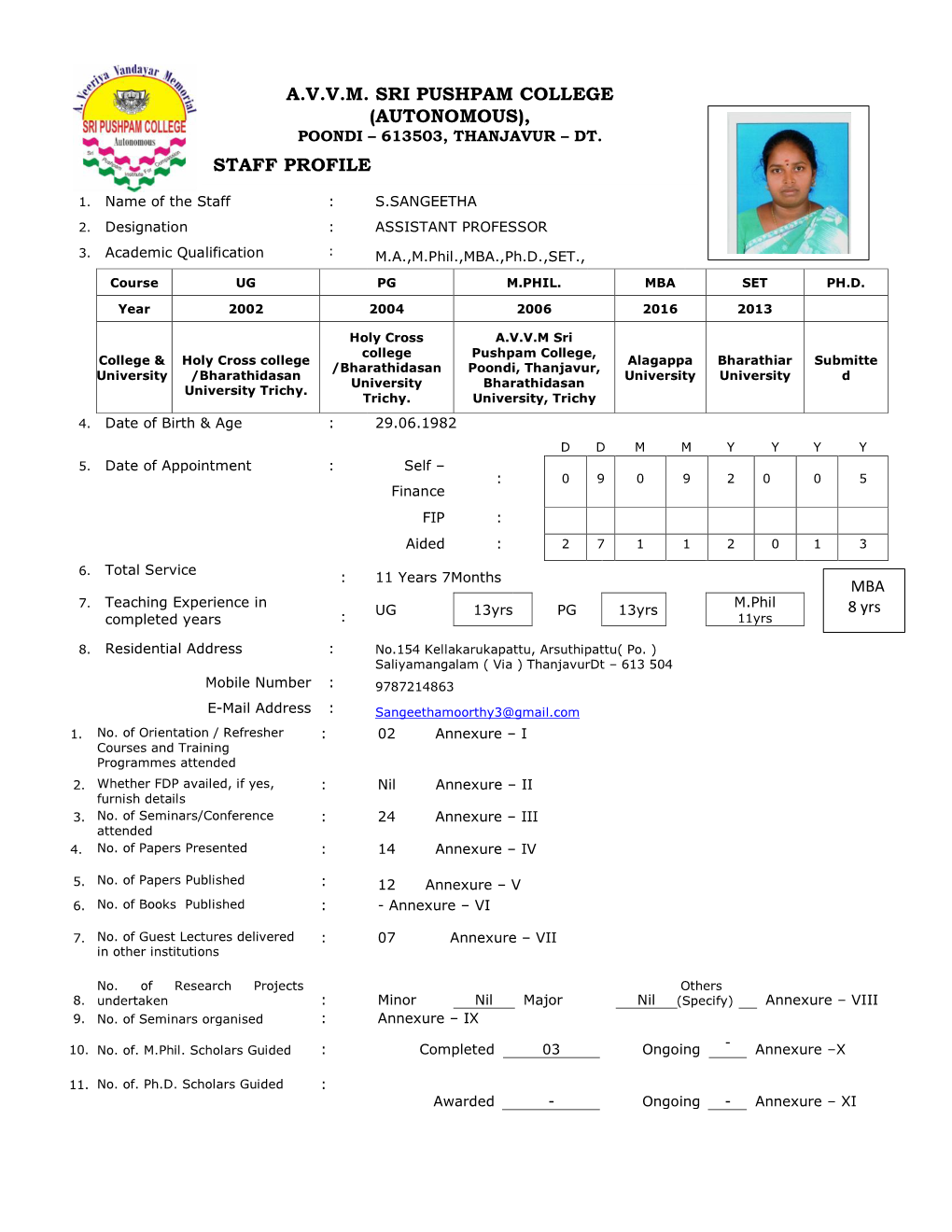 A.V.V.M. Sri Pushpam College (Autonomous), Staff Profile