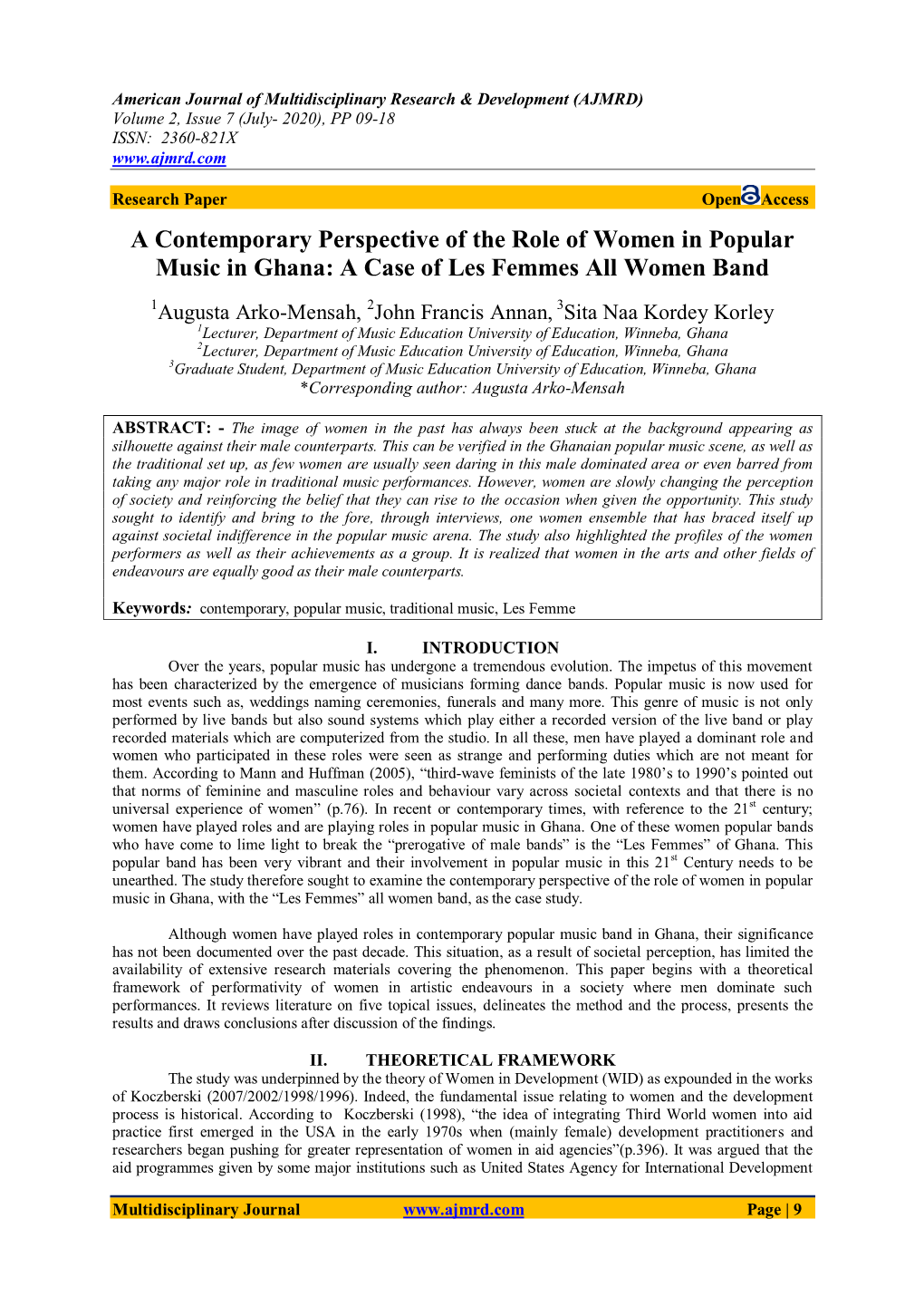 A Contemporary Perspective of the Role of Women in Popular Music in Ghana: a Case of Les Femmes All Women Band