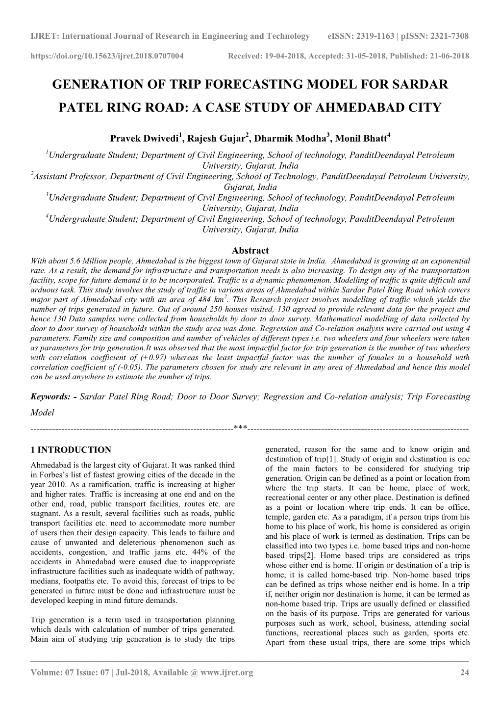 Generation of Trip Forecasting Model for Sardar Patel Ring Road: a Case Study of Ahmedabad City