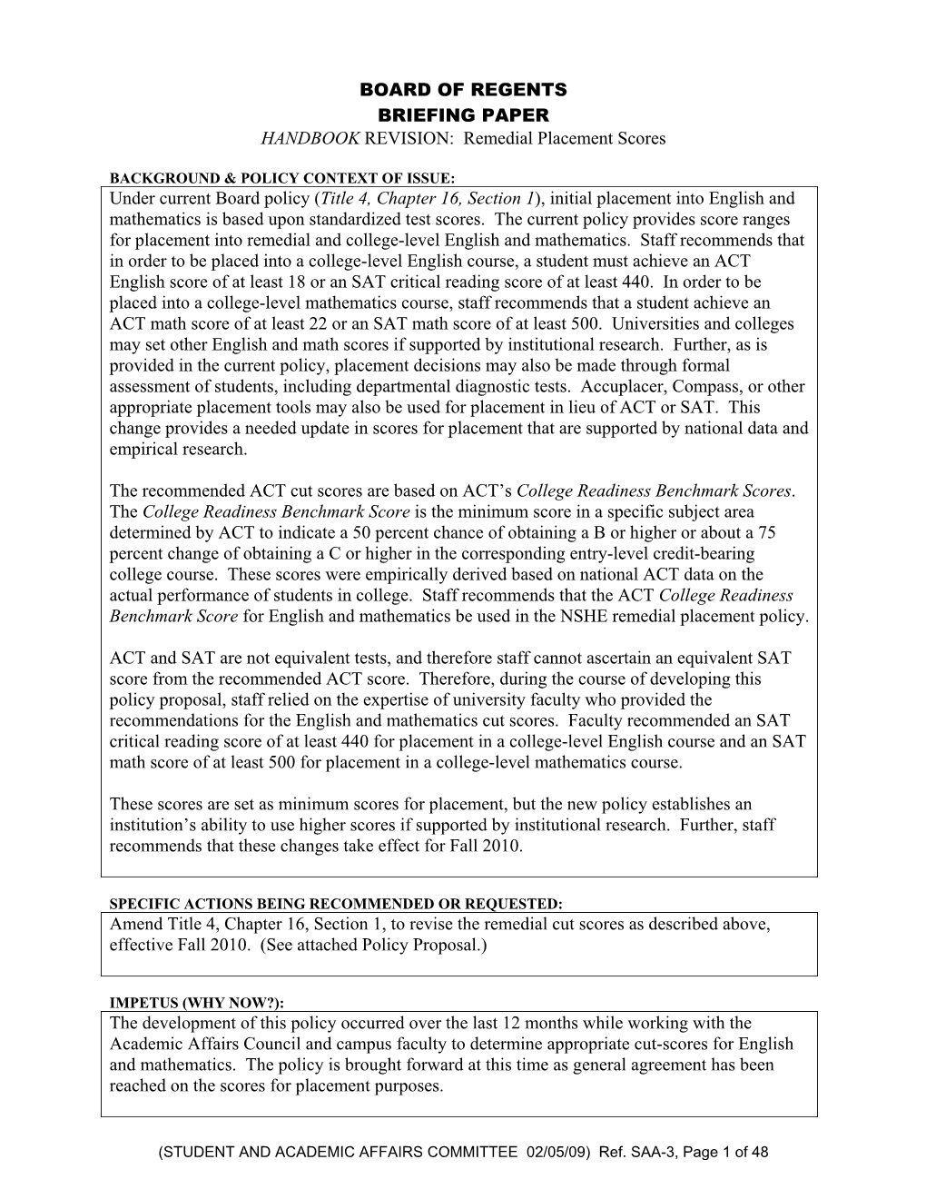 Remedial Placement Scores Under Current Board Policy