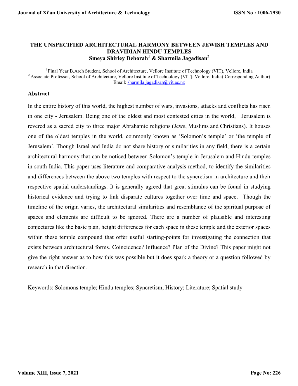 THE UNSPECIFIED ARCHITECTURAL HARMONY BETWEEN JEWISH TEMPLES and DRAVIDIAN HINDU TEMPLES Smeya Shirley Deborah1 & Sharmila Jagadisan2