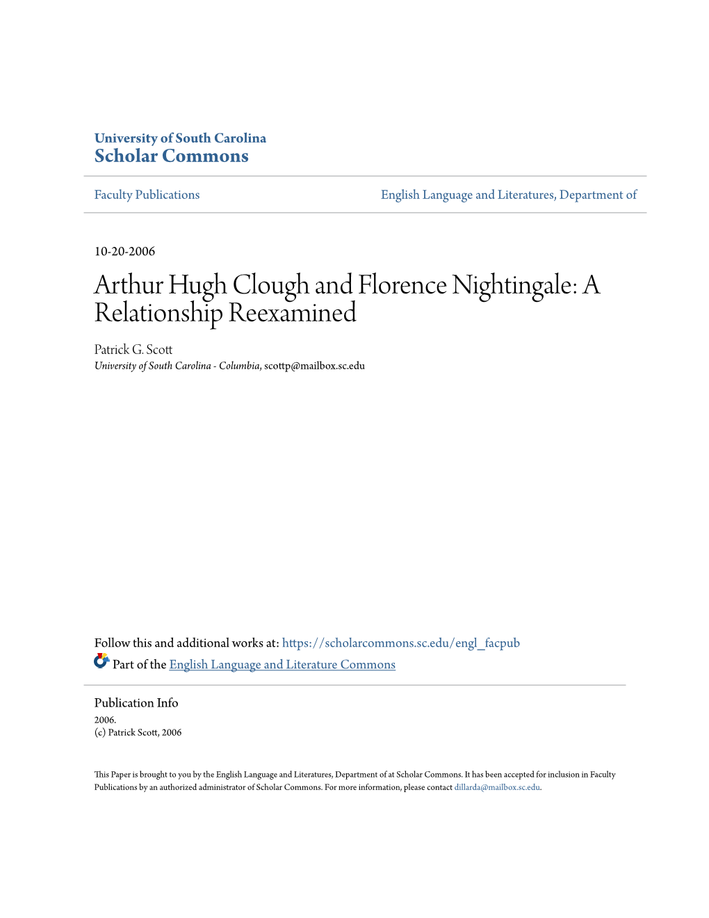 Arthur Hugh Clough and Florence Nightingale: a Relationship Reexamined Patrick G