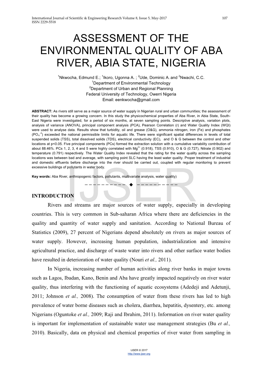 Assessment of the Environmental Quality of Aba River, Abia State, Nigeria