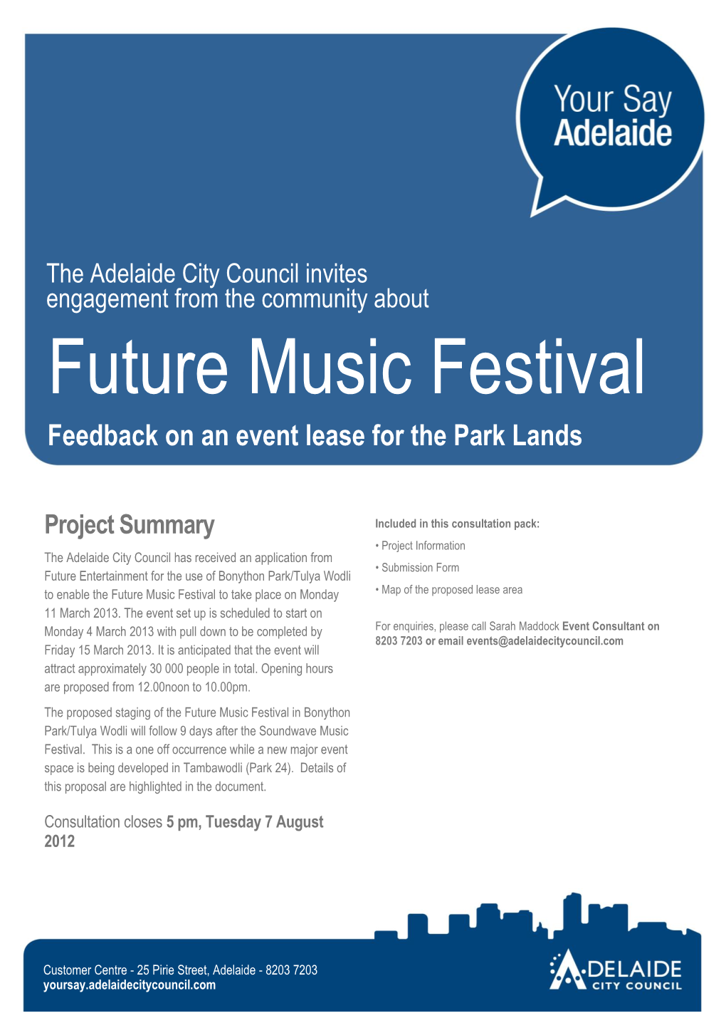 Future Music Festival Feedback on an Event Lease for the Park Lands