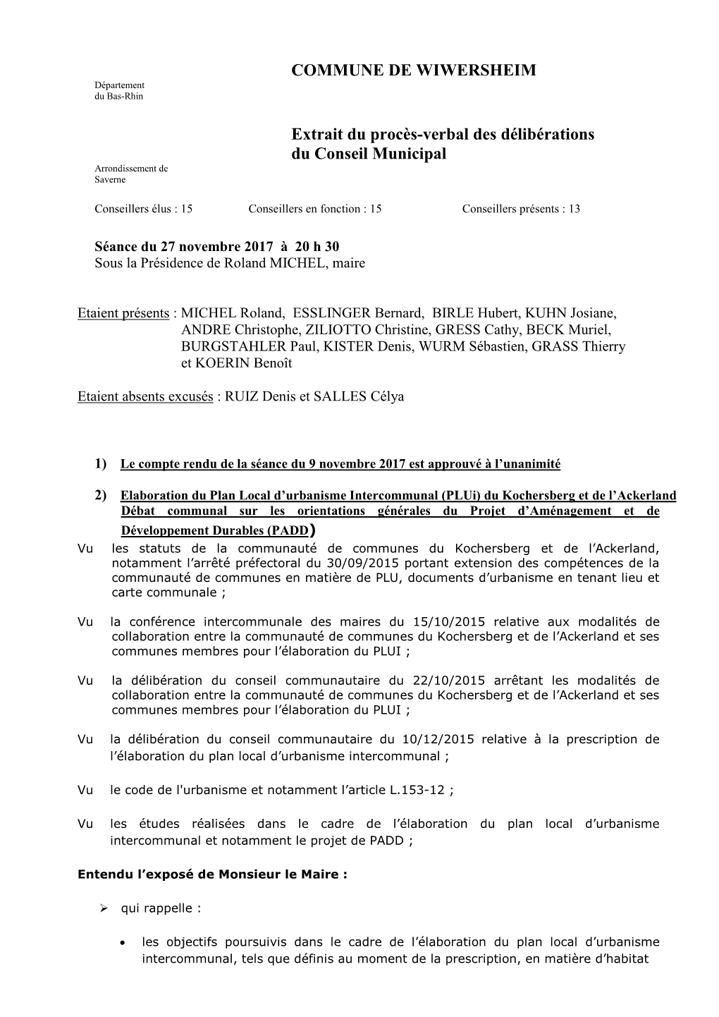 COMMUNE DE WIWERSHEIM Extrait Du Procès-Verbal Des Délibérations Du Conseil Municipal