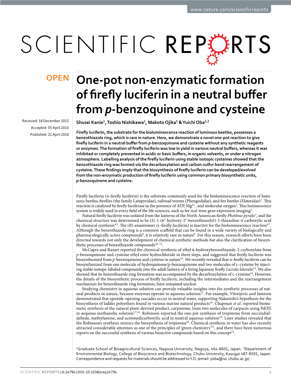 One-Pot Non-Enzymatic Formation of Firefly Luciferin in a Neutral Buffer