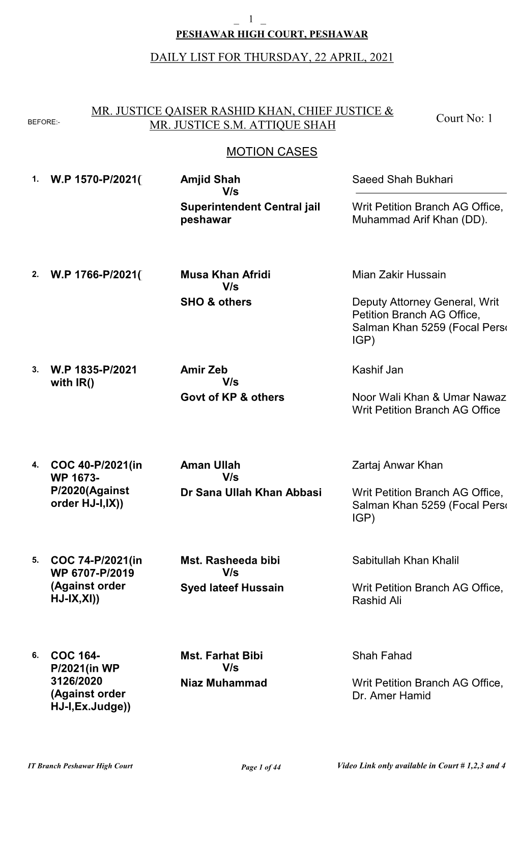 Daily List for Thursday, 22 April, 2021 Motion Cases Mr