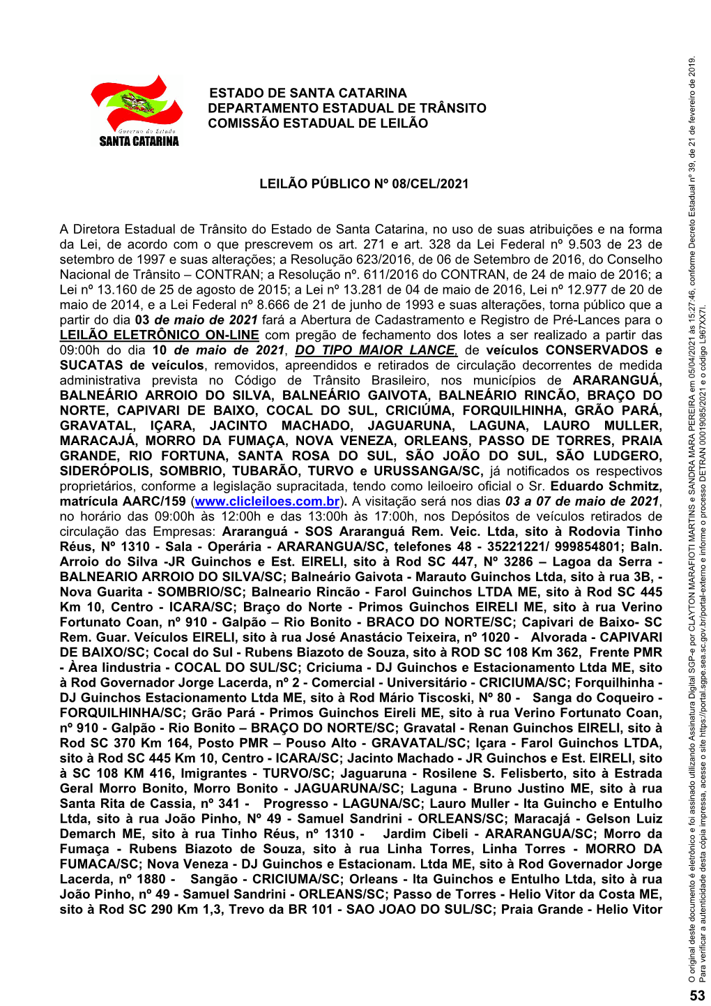 Estado De Santa Catarina Departamento Estadual De Trânsito Comissão Estadual De Leilão