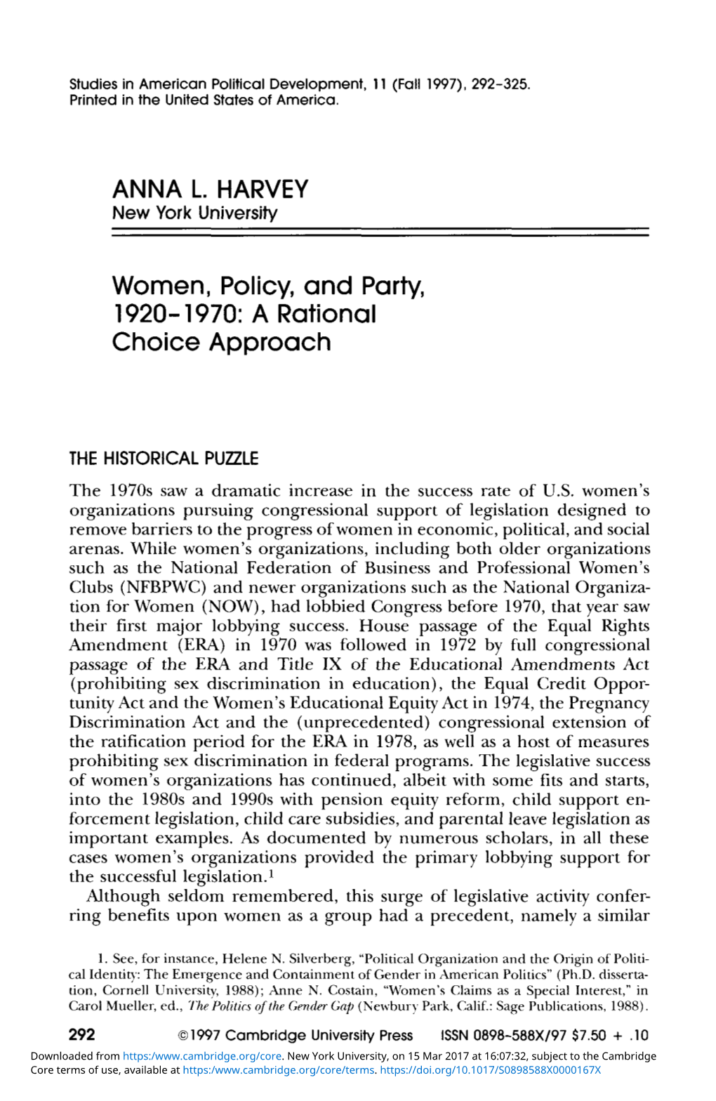 Women, Policy, and Party, 1920–1970: a Rational Choice Approach