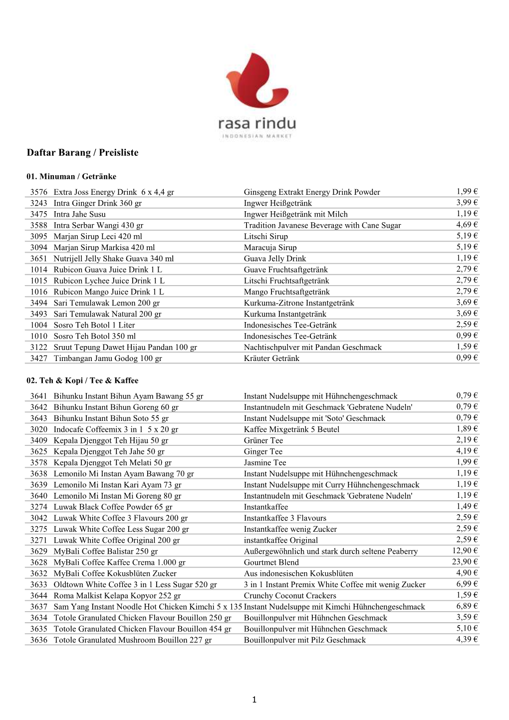 Daftar Barang / Preisliste