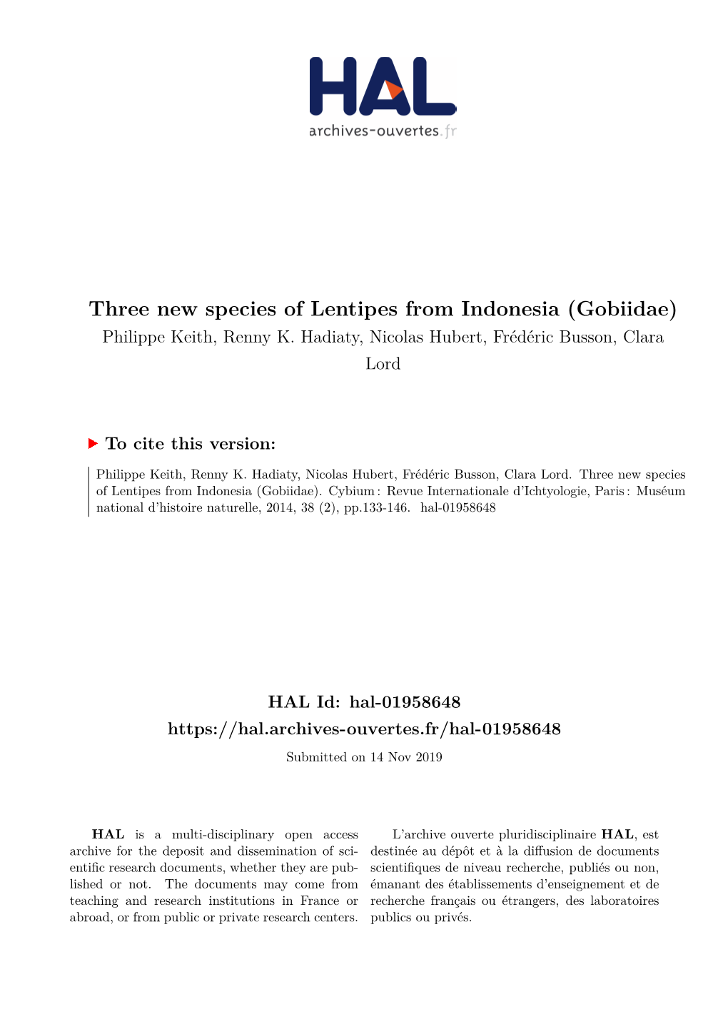 Three New Species of Lentipes from Indonesia (Gobiidae) Philippe Keith, Renny K