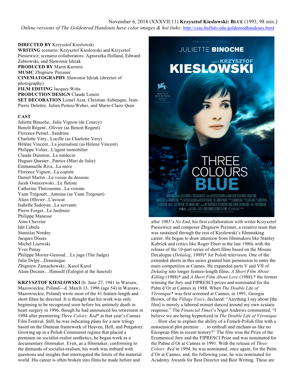 Krzysztof Kieslowski: BLUE (1993, 98 Min.) Online Versions of the Goldenrod Handouts Have Color Images & Hot Links