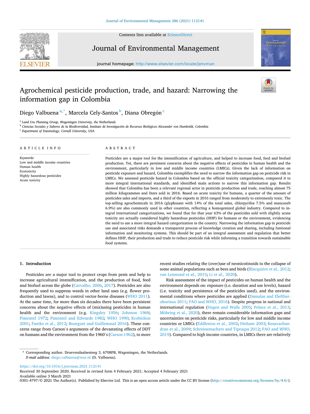 Agrochemical Pesticide Production, Trade, and Hazard: Narrowing the Information Gap in Colombia