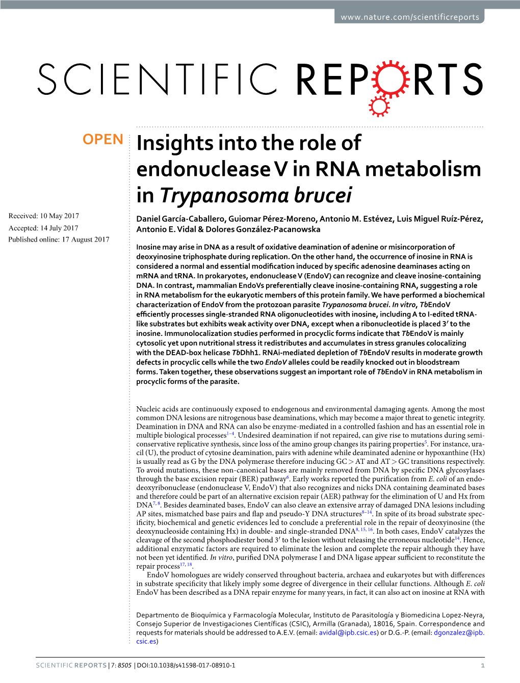 Insights Into the Role of Endonuclease V in RNA Metabolism in Trypanosoma Brucei Received: 10 May 2017 Daniel García-Caballero, Guiomar Pérez-Moreno, Antonio M