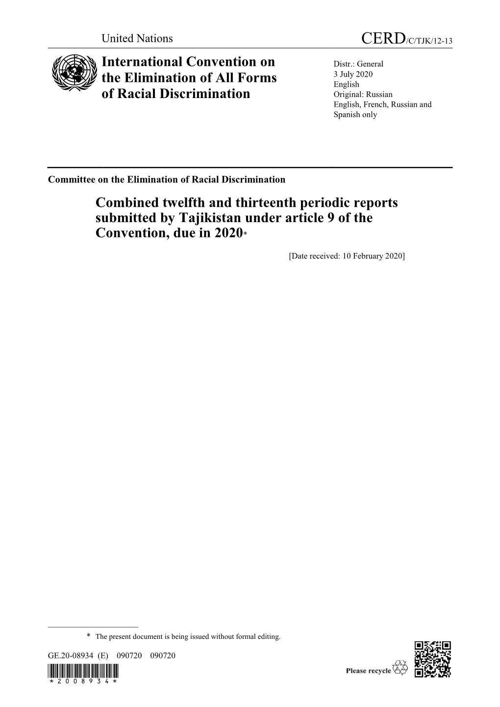 Combined Twelfth and Thirteenth Periodic Reports Submitted by Tajikistan Under Article 9 of the Convention, Due in 2020*