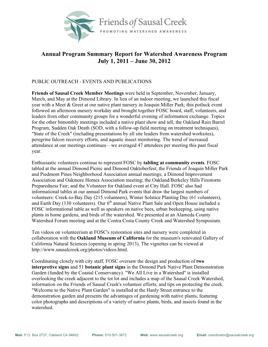 Annual Program Summary Report for Watershed Awareness Program July 1, 2011 – June 30, 2012