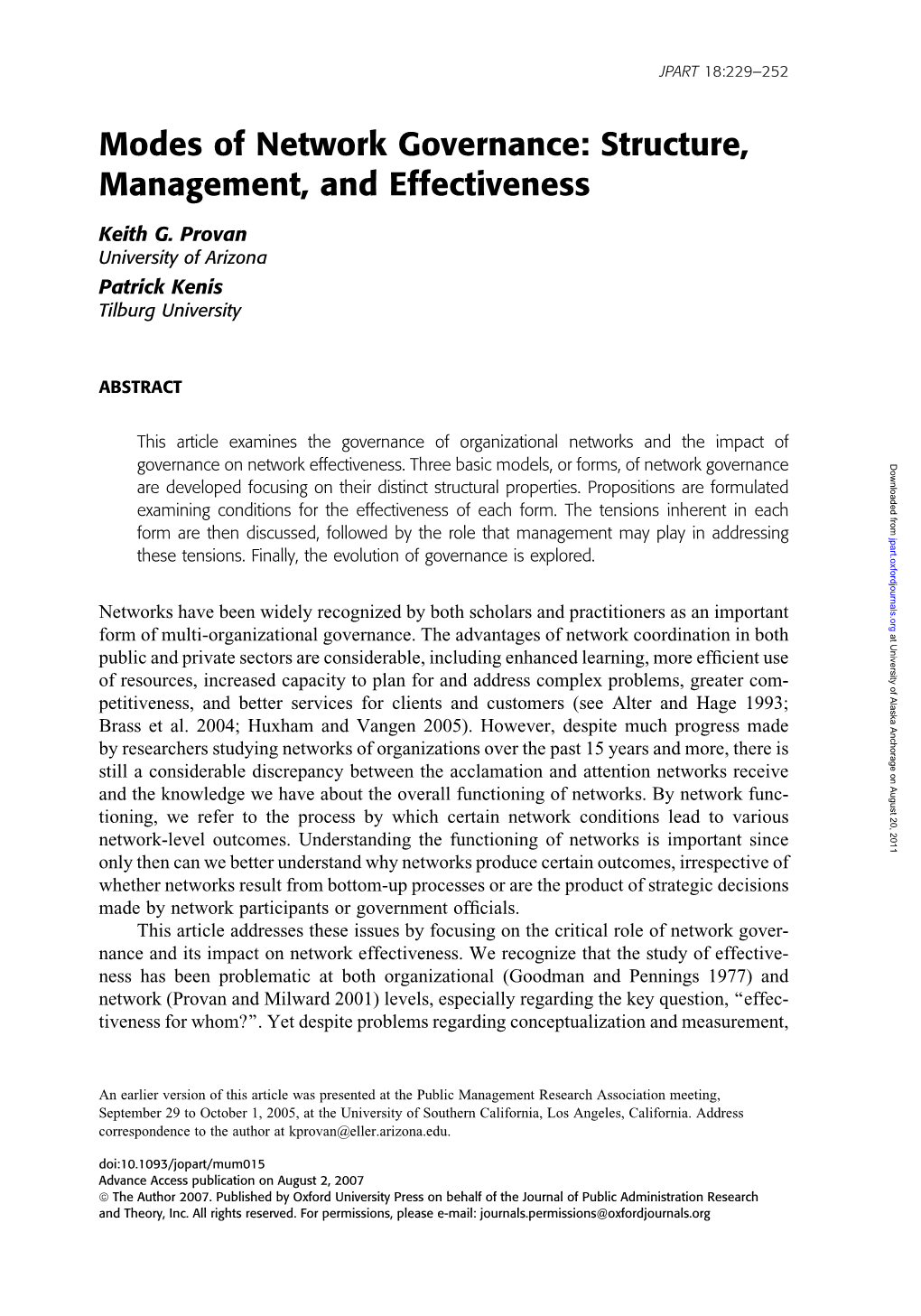 Modes of Network Governance: Structure, Management, and Effectiveness