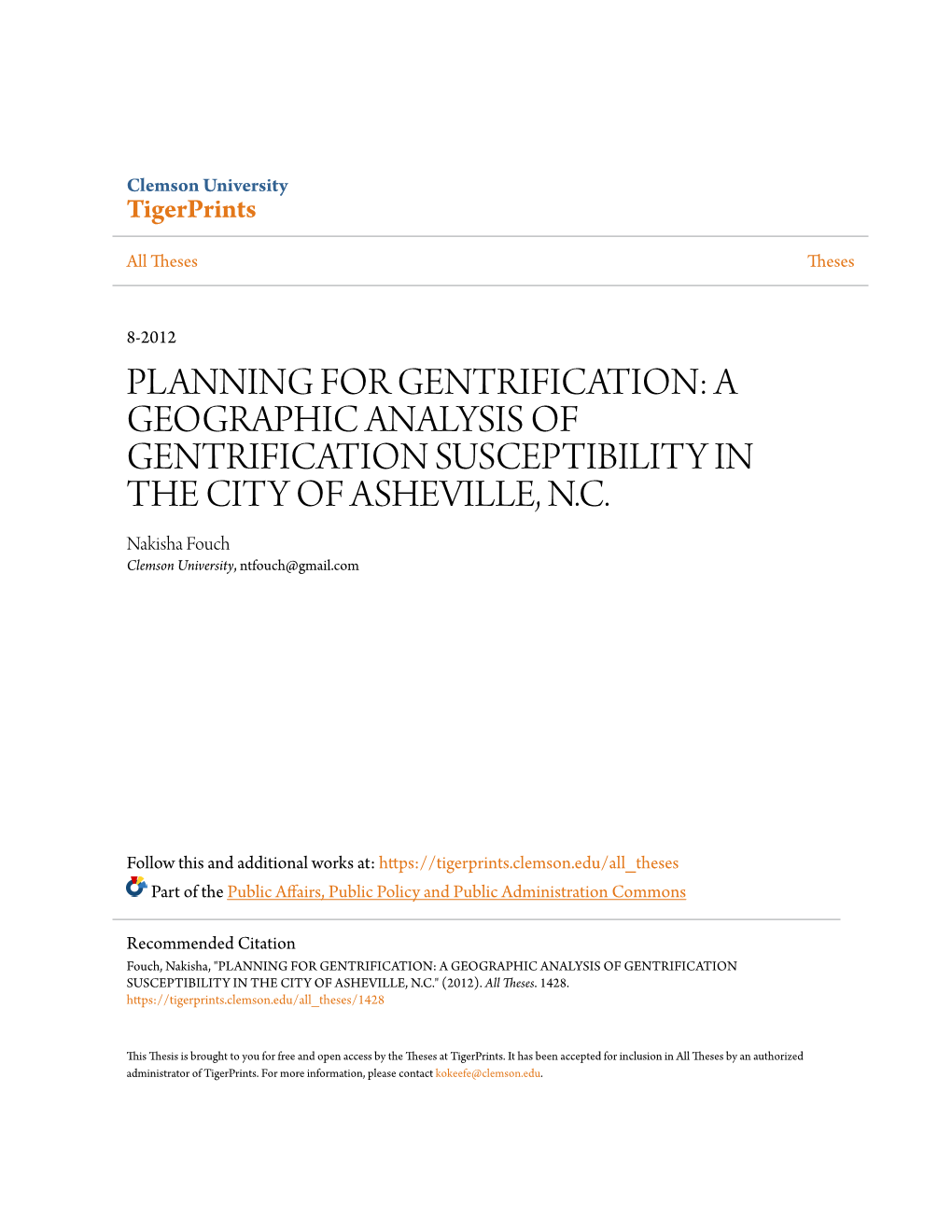 Planning for Gentrification: a Geographic Analysis of Gentrification Susceptibility in the City of Asheville, N.C