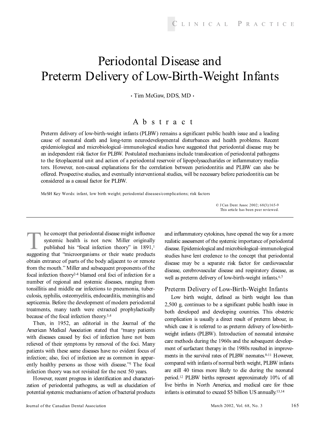 Periodontal Disease and Preterm Delivery of Low-Birth-Weight Infants