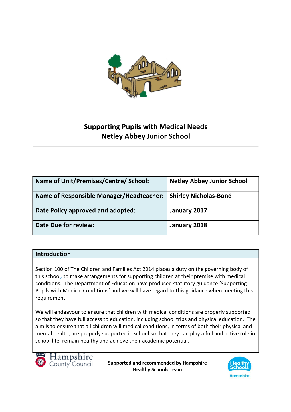 Supporting Pupils with Medical Conditions Guidance