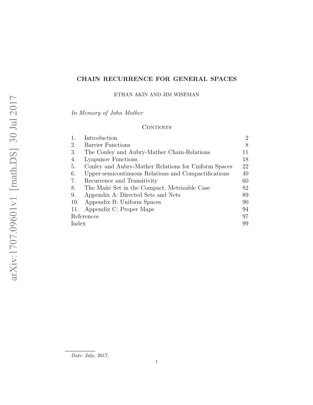 Arxiv:1707.09601V1 [Math.DS] 30 Jul 2017 Date 1 Pedxc Rprmp 94 90 60 89 82 Index Maps Proper C: References Appendix Spaces Nets Uniform and B: Sets 11