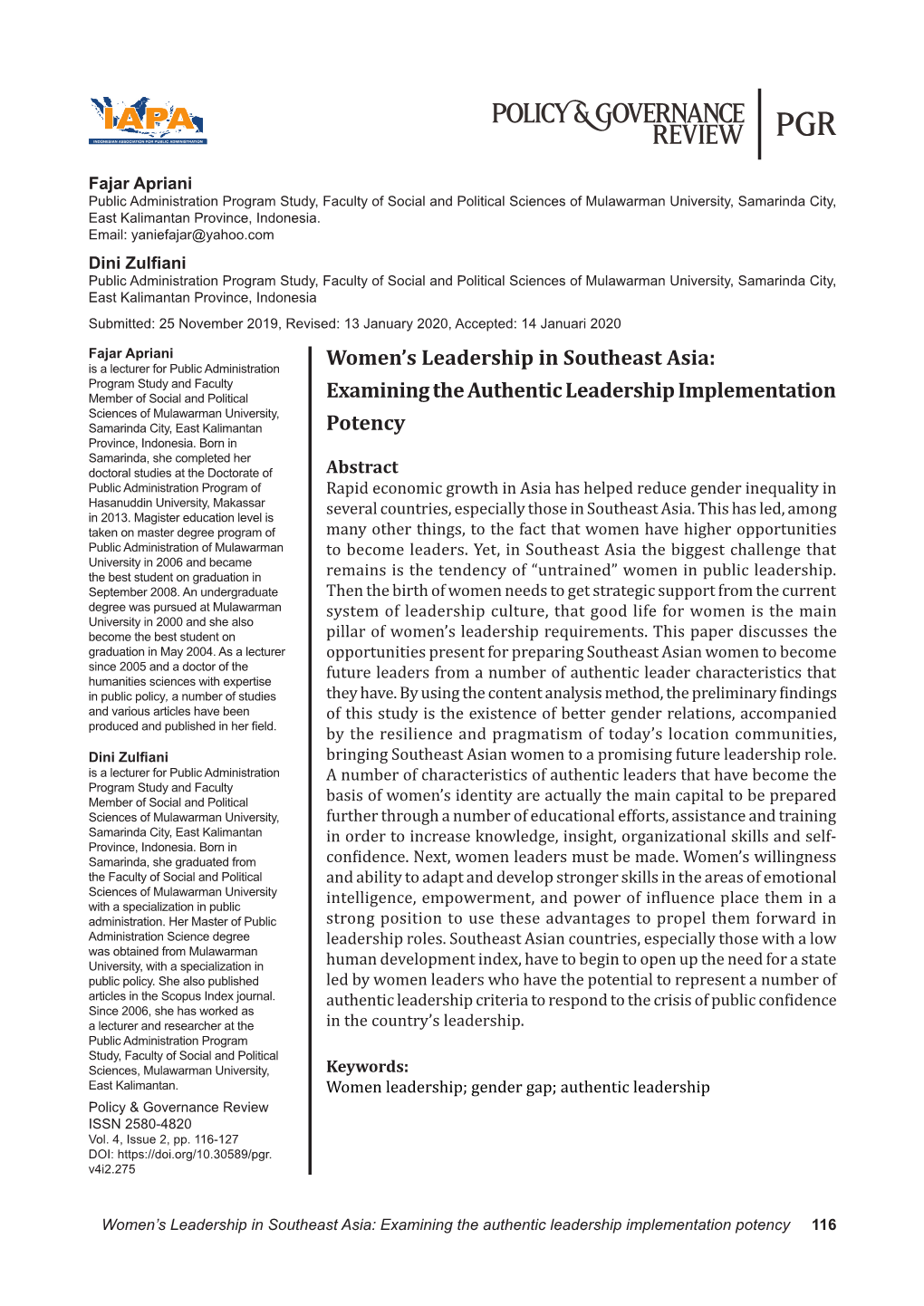 Women's Leadership in Southeast Asia: Examining the Authentic